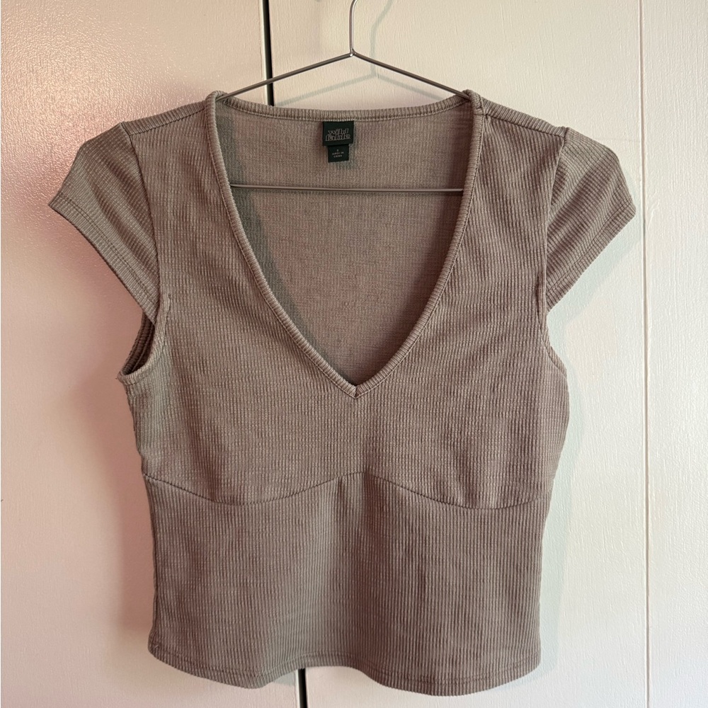 Wild Fable Taupe Ribbed V-Neck Crop Top